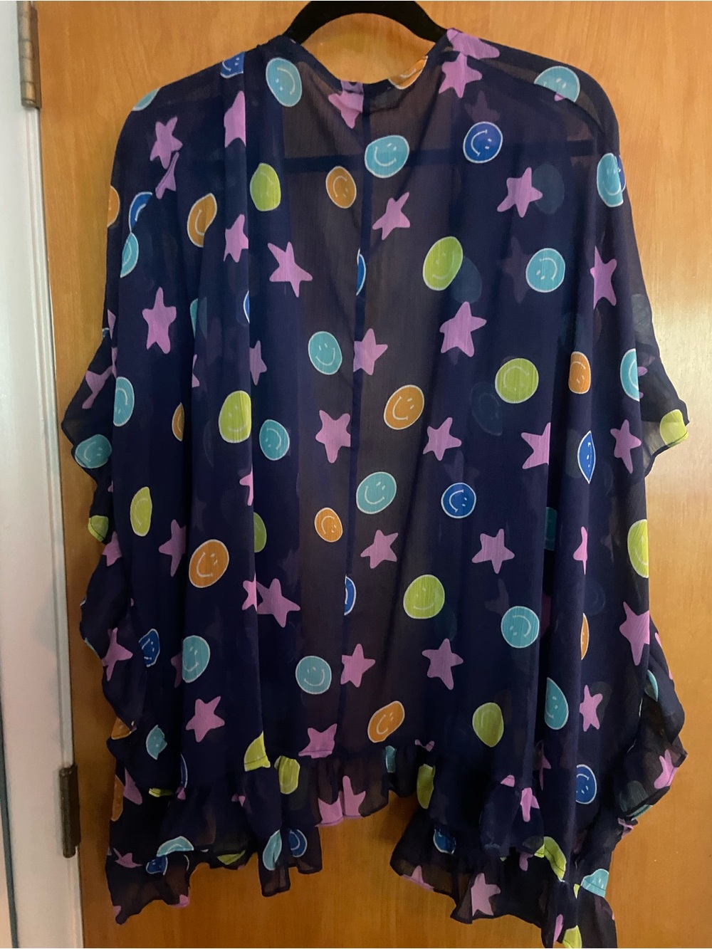 😊💙⭐️🩷EASEL Navy Sheer Ruffled Kimono Bright Smiley/Stars SZ Medium (Oversized) - Picture 5 of 8